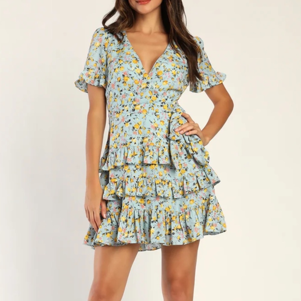Lulus Feeling Butterflies Light Blue Floral Tiered Ruffle Mini Dress